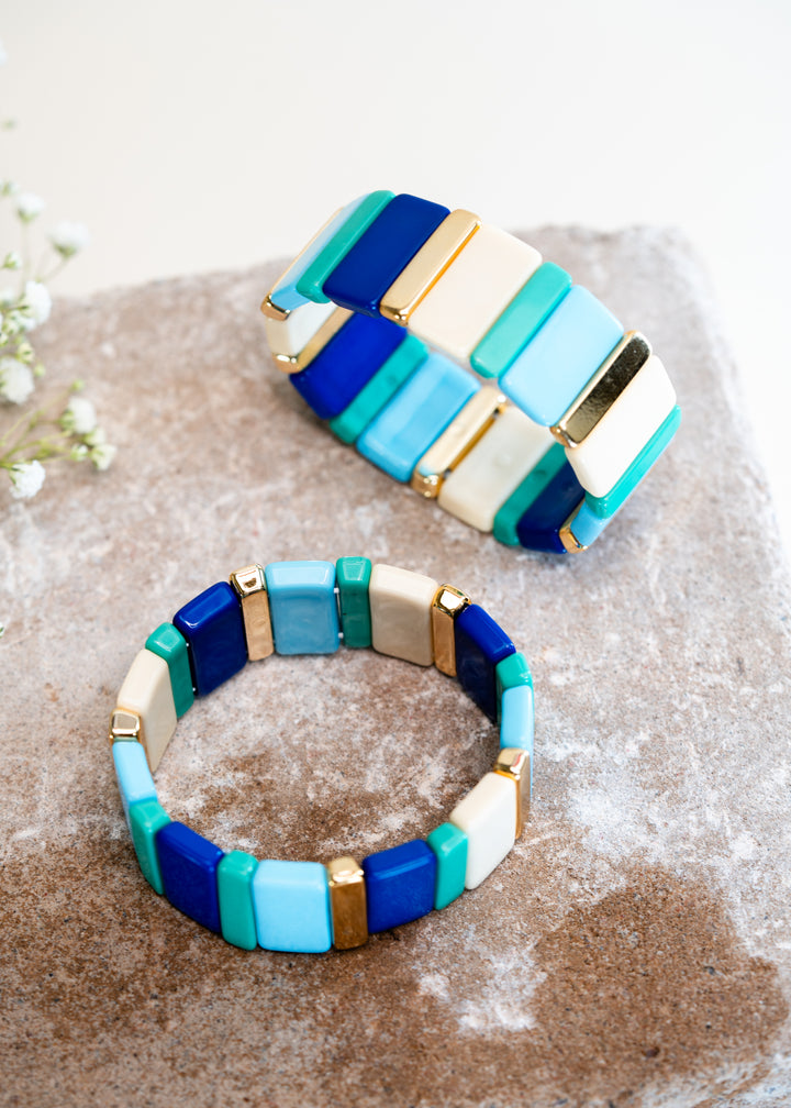Blues and Gold: Wide Enamel Tile Beads Bracelet / Colorblock Bracelets, Enamel Beads, Trendy Tila Beads, Stretch Bracelets, Bohemian Bracelets, Tile Beads / Gift, Jewelry