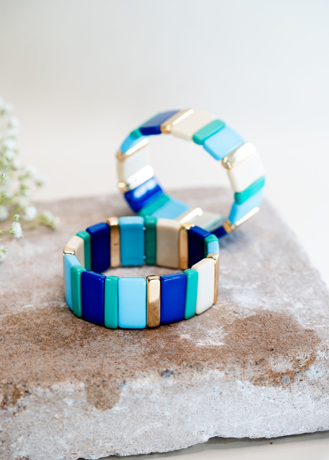 Blues and Gold: Wide Enamel Tile Beads Bracelet / Colorblock Bracelets, Enamel Beads, Trendy Tila Beads, Stretch Bracelets, Bohemian Bracelets, Tile Beads / Gift, Jewelry