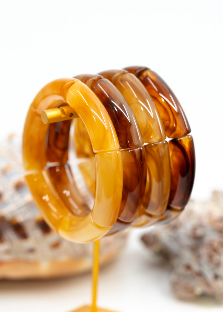 Jane: Set of 4 Caramel Acrylic Tube Bracelets, Acrylic Bracelet Stack, Lucite Stretchy Bracelet, Bangles, Waterproof Jewelry, Gifts for Her