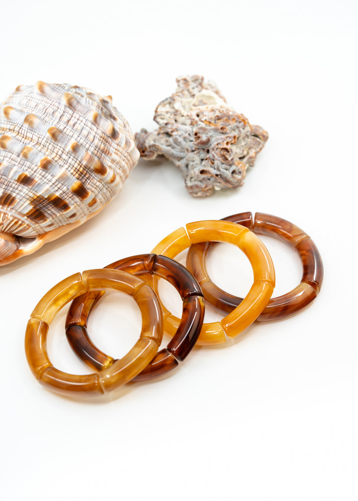 Jane: Set of 4 Caramel Acrylic Tube Bracelets, Acrylic Bracelet Stack, Lucite Stretchy Bracelet, Bangles, Waterproof Jewelry, Gifts for Her