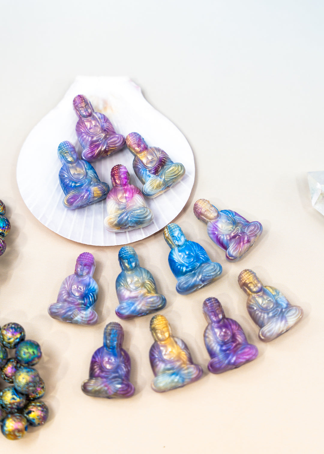 Shop a Galaxy Purple Buddha pendant in 25mm marbled resin. Lightweight sitting Buddha charm for necklaces, malas, meditation and spiritual jewelry.