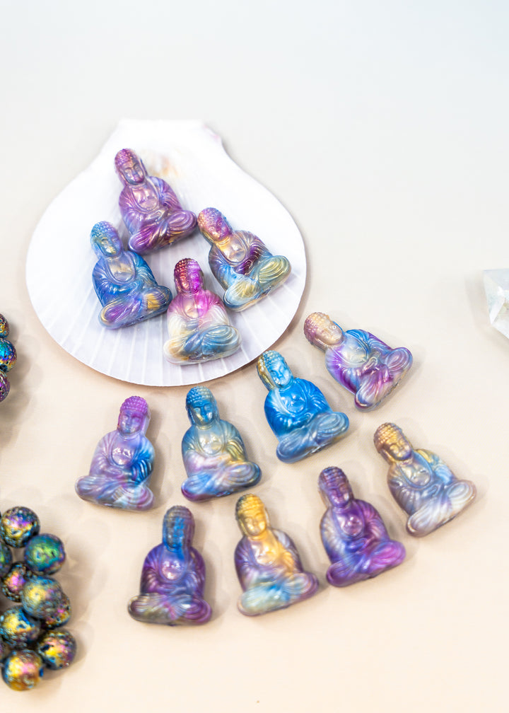 Shop a Galaxy Purple Buddha pendant in 25mm marbled resin. Lightweight sitting Buddha charm for necklaces, malas, meditation and spiritual jewelry.