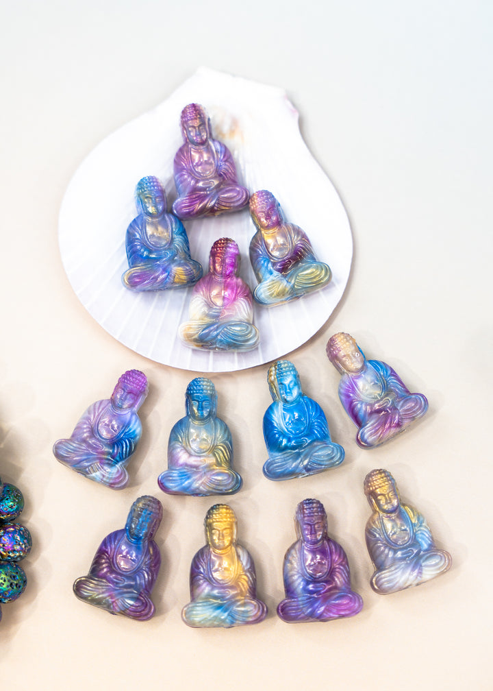 Shop a Galaxy Purple Buddha pendant in 25mm marbled resin. Lightweight sitting Buddha charm for necklaces, malas, meditation and spiritual jewelry.