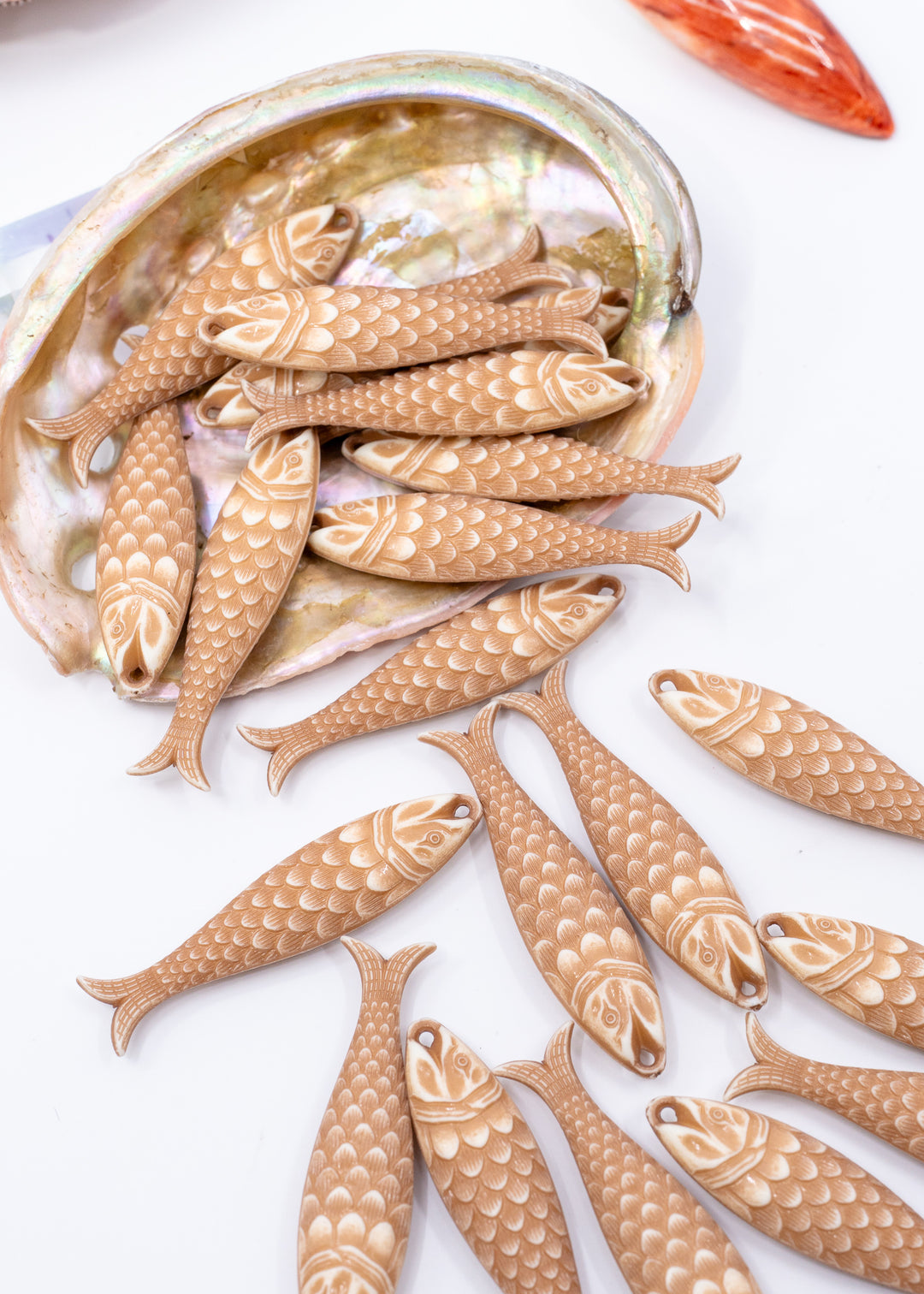 German resin fish charm in Driftwood Beige featuring a 48mm sardine pendant perfect for ocean charms, beach jewelry, fisherman aesthetic accessories, coastal earrings, nautical jewelry, keychains, and seaside-inspired designs.