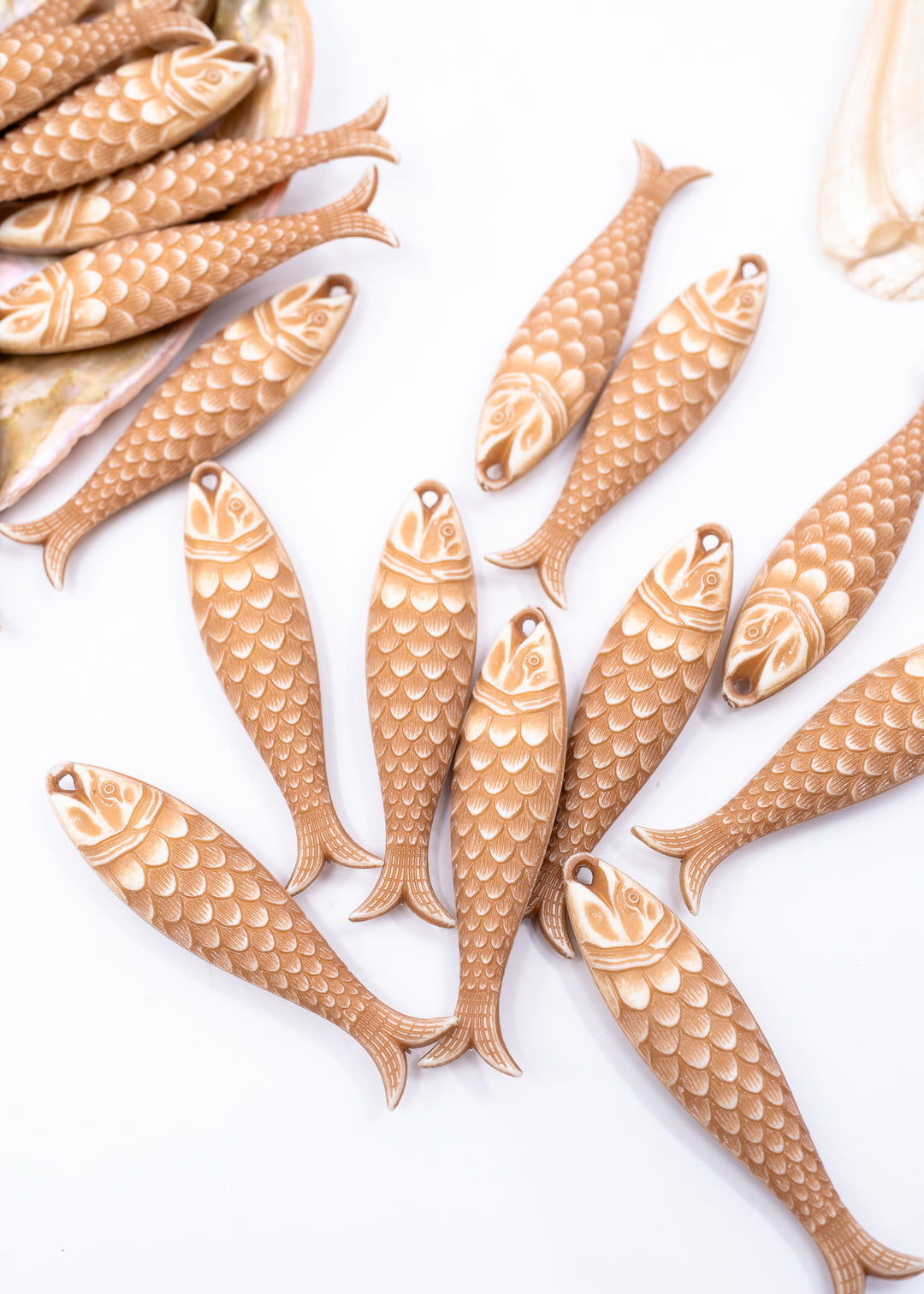 German resin fish charm in Driftwood Beige featuring a 48mm sardine pendant perfect for ocean charms, beach jewelry, fisherman aesthetic accessories, coastal earrings, nautical jewelry, keychains, and seaside-inspired designs.