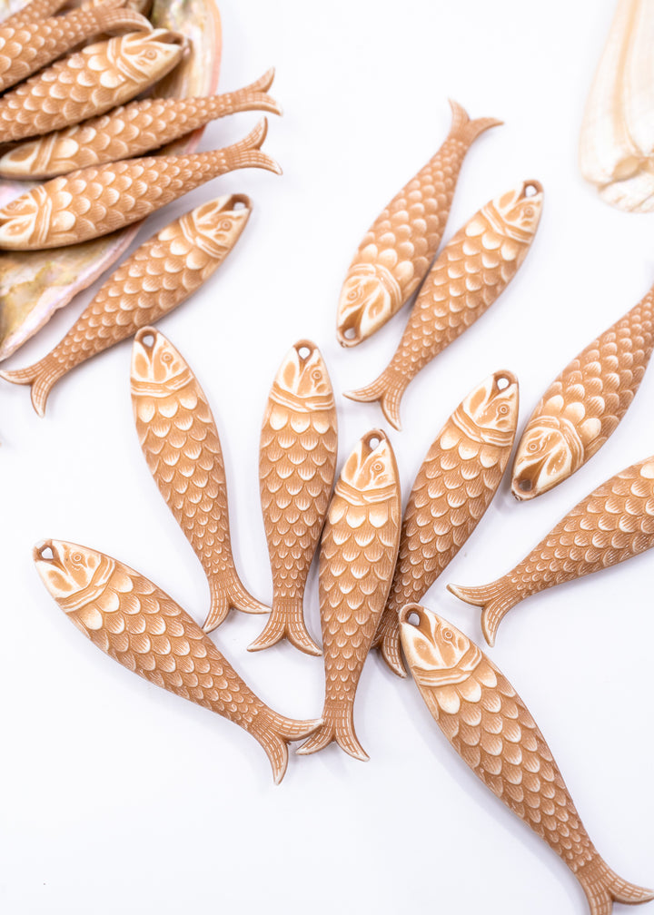 German resin fish charm in Driftwood Beige featuring a 48mm sardine pendant perfect for ocean charms, beach jewelry, fisherman aesthetic accessories, coastal earrings, nautical jewelry, keychains, and seaside-inspired designs.