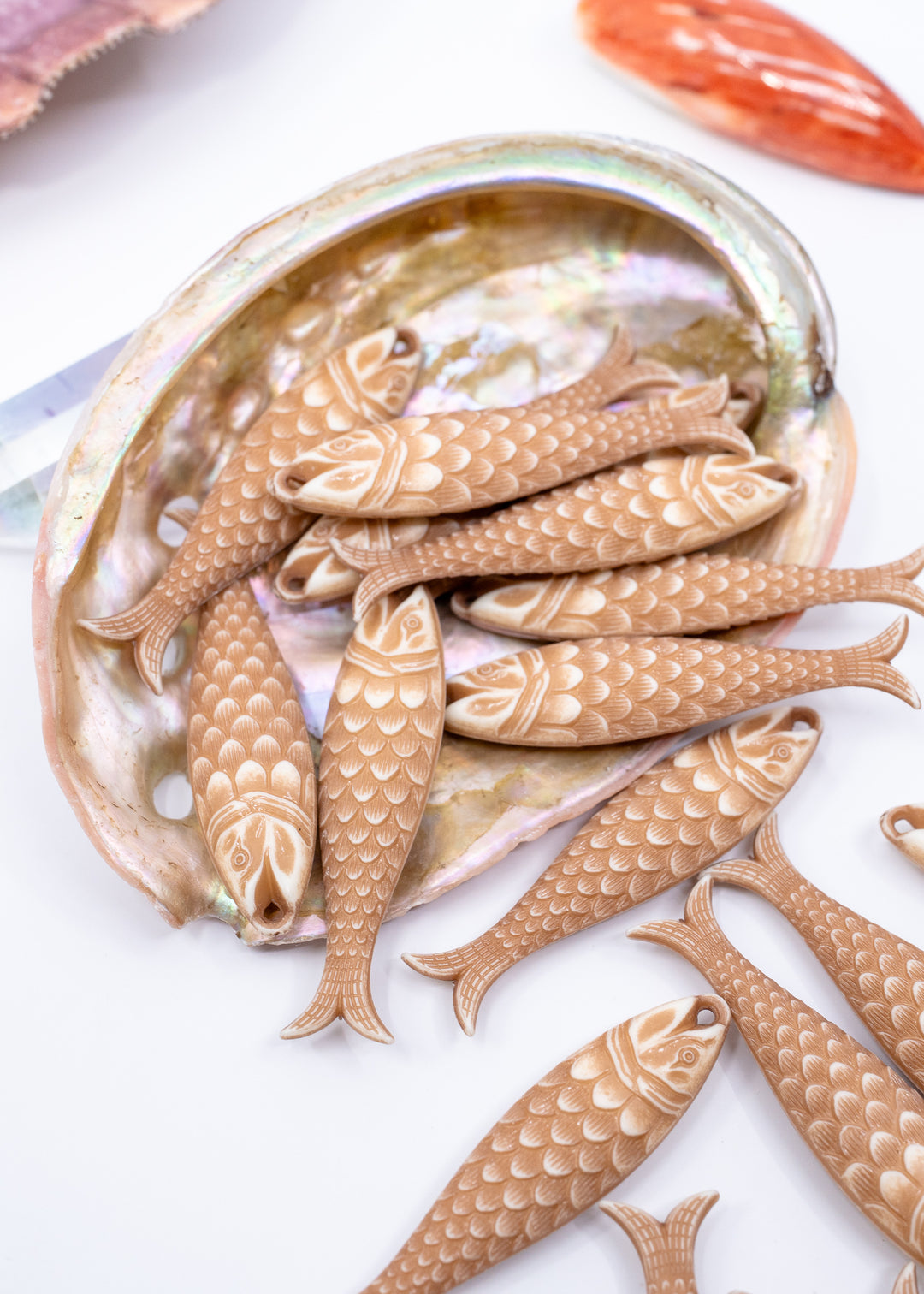 German resin fish charm in Driftwood Beige featuring a 48mm sardine pendant perfect for ocean charms, beach jewelry, fisherman aesthetic accessories, coastal earrings, nautical jewelry, keychains, and seaside-inspired designs.