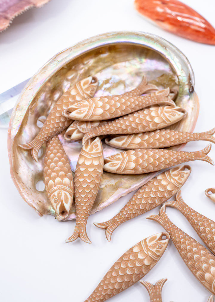 German resin fish charm in Driftwood Beige featuring a 48mm sardine pendant perfect for ocean charms, beach jewelry, fisherman aesthetic accessories, coastal earrings, nautical jewelry, keychains, and seaside-inspired designs.