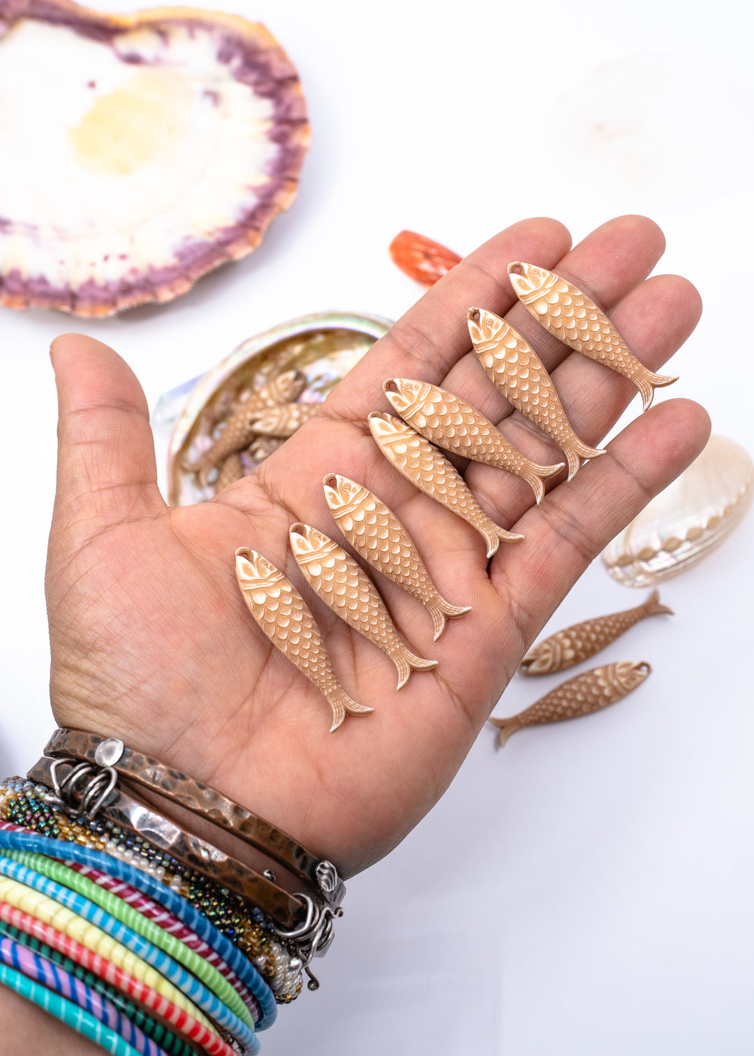 German resin fish charm in Driftwood Beige featuring a 48mm sardine pendant perfect for ocean charms, beach jewelry, fisherman aesthetic accessories, coastal earrings, nautical jewelry, keychains, and seaside-inspired designs.