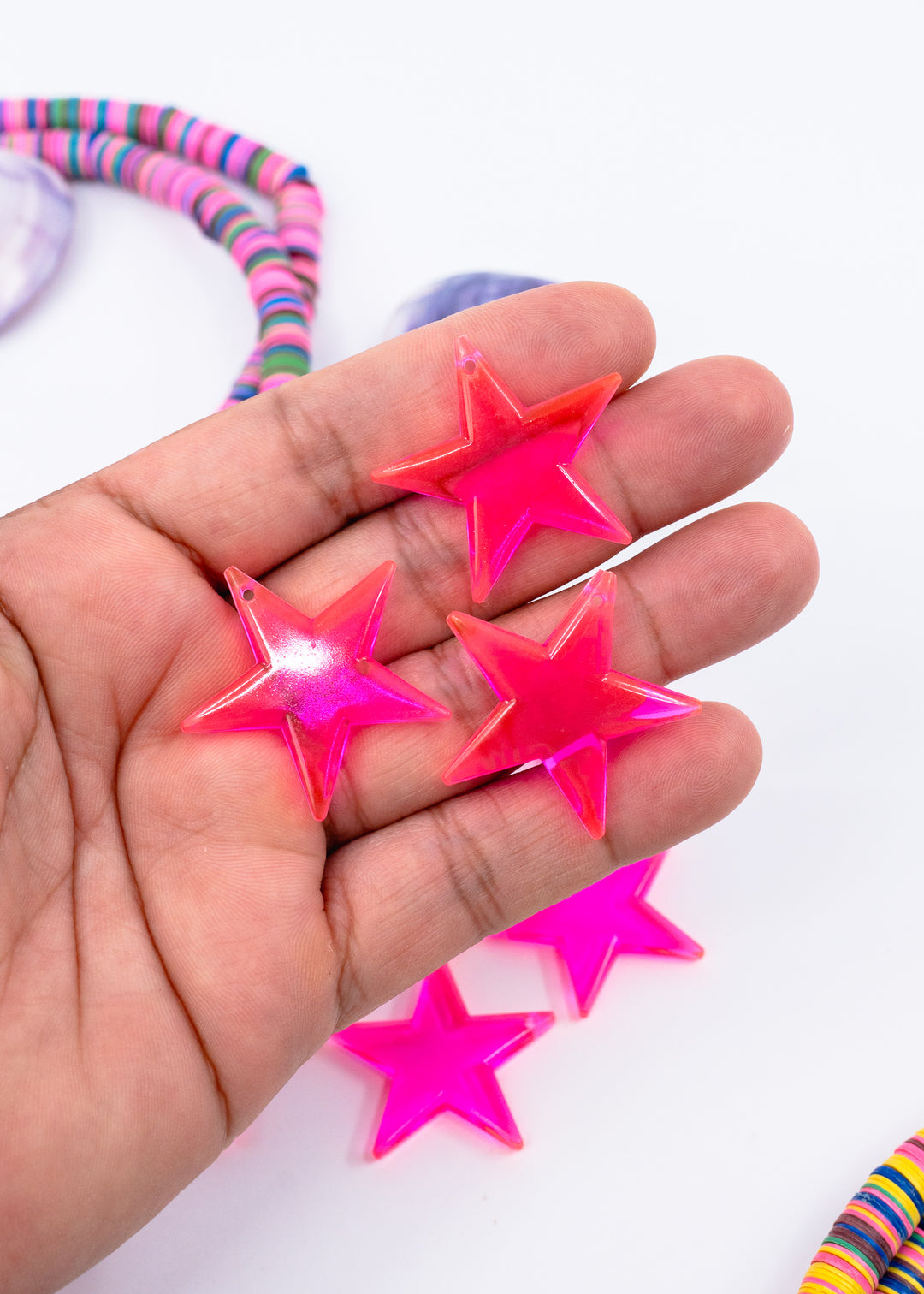Electric Pink German Resin Star Charm, 33mm Neon Pink Pendant, 1 charm