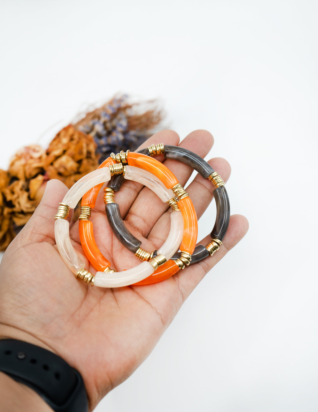 Josie: Set of 3 Fall Colors Acrylic Tube Bracelets, Acrylic Bracelet Stack, Lucite Stretchy Bracelet, Bangles, Waterproof Jewelry, Gifts for Her