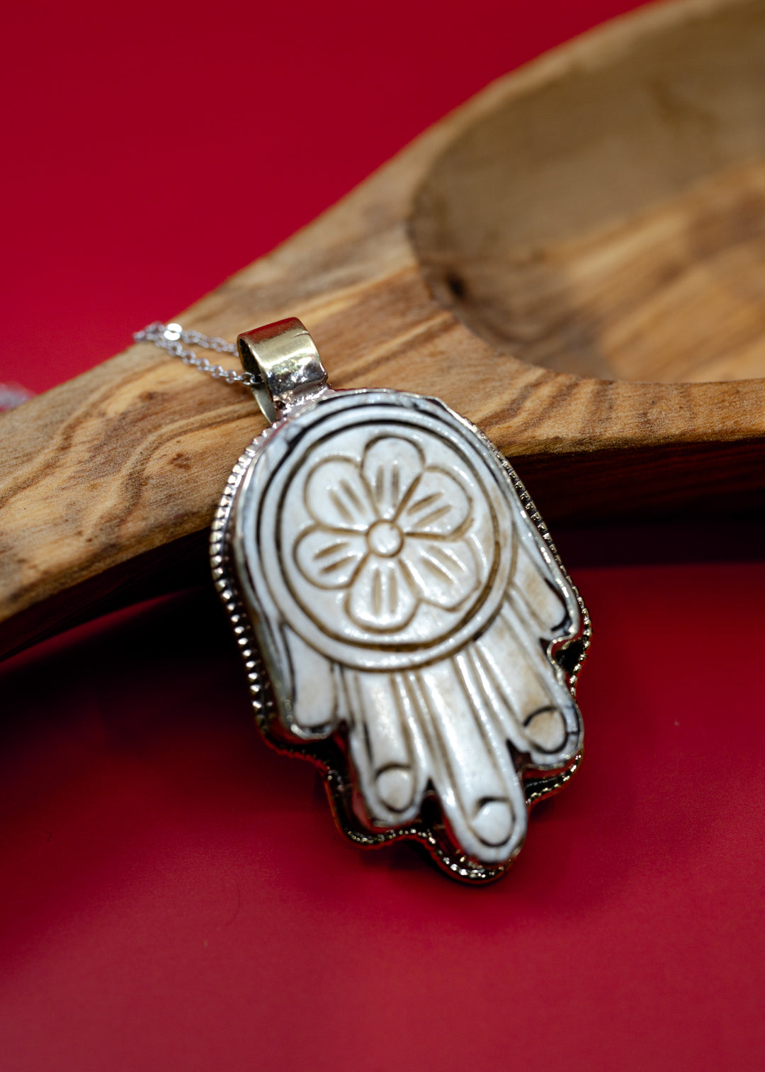 Flower Hamsa: 30x55mm, White Brass Carved Bone Nepali Pendant, One Pendant / Tibetan Jewelry, Yoga Jewelry, Nepal, Malas, Jewelry Supplies