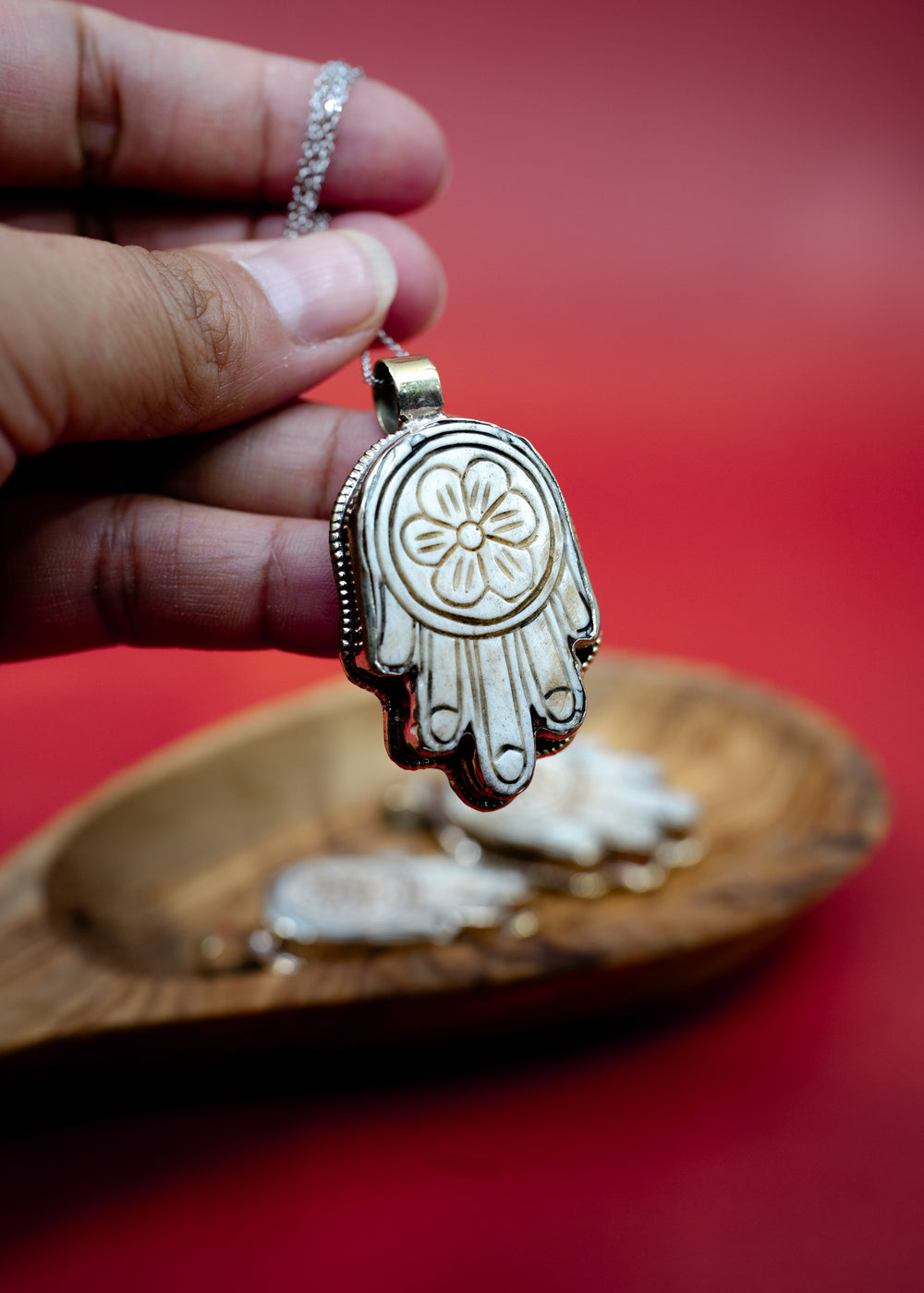 Flower Hamsa: 30x55mm, White Brass Carved Bone Nepali Pendant, One Pendant / Tibetan Jewelry, Yoga Jewelry, Nepal, Malas, Jewelry Supplies