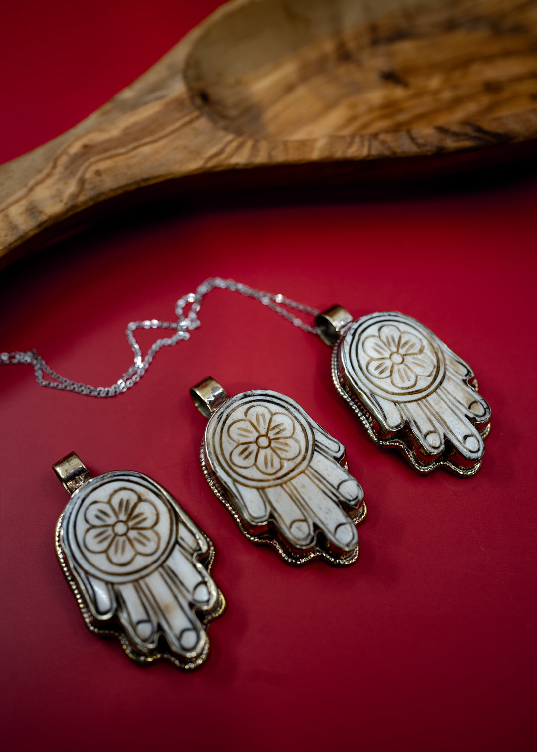 Flower Hamsa: 30x55mm, White Brass Carved Bone Nepali Pendant, One Pendant / Tibetan Jewelry, Yoga Jewelry, Nepal, Malas, Jewelry Supplies