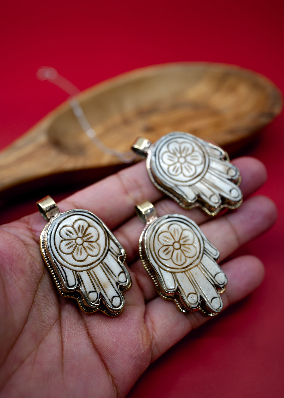 Flower Hamsa: 30x55mm, White Brass Carved Bone Nepali Pendant, One Pendant / Tibetan Jewelry, Yoga Jewelry, Nepal, Malas, Jewelry Supplies