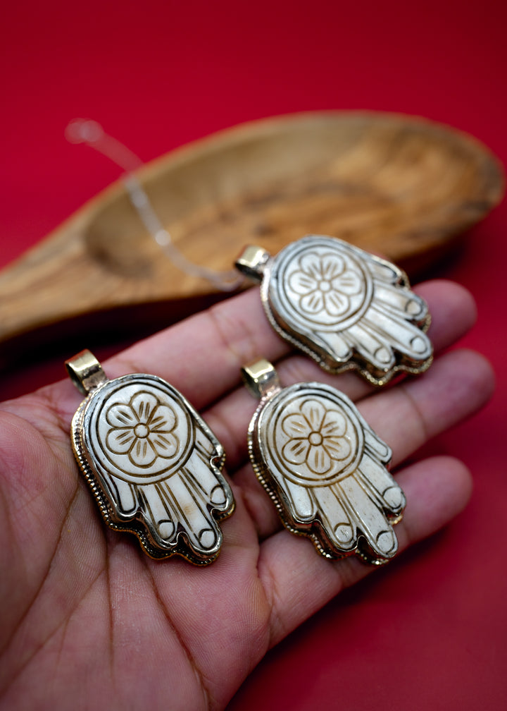 Flower Hamsa: 30x55mm, White Brass Carved Bone Nepali Pendant, One Pendant / Tibetan Jewelry, Yoga Jewelry, Nepal, Malas, Jewelry Supplies