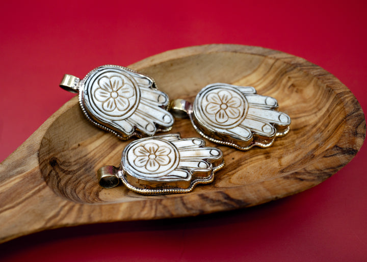 Flower Hamsa: 30x55mm, White Brass Carved Bone Nepali Pendant, One Pendant / Tibetan Jewelry, Yoga Jewelry, Nepal, Malas, Jewelry Supplies