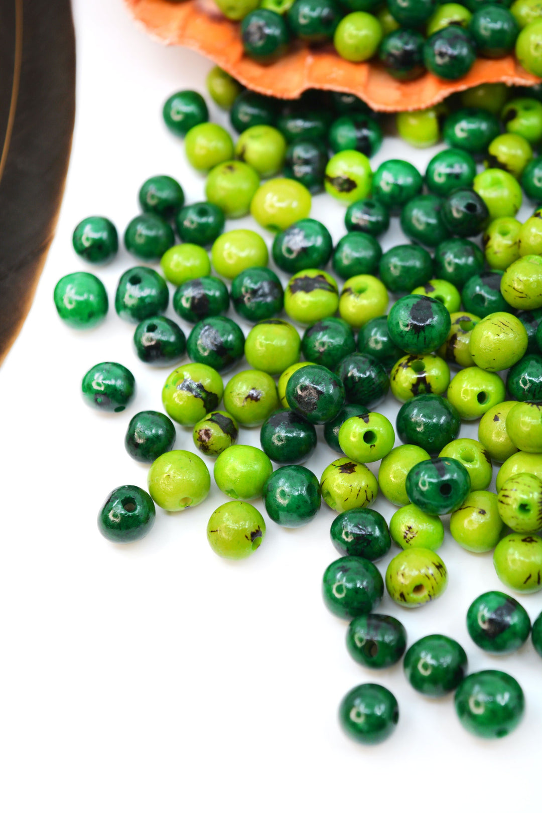 A detail of the natural acai beads from South America used for jewelry making.