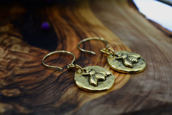 Little Bee in Gold: Handmade earrings, 24K Gold Bee Charm Earrings / Nature Inspired Jewelry, Handmade Jewelry, Gifts