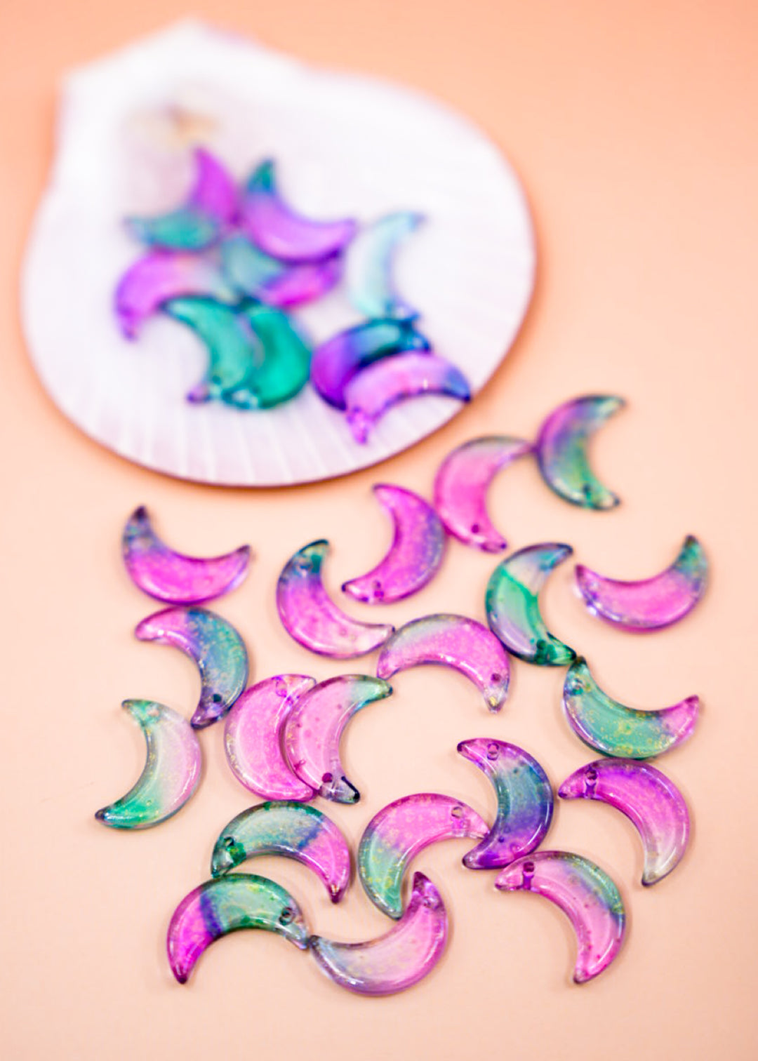 Pink and Green Half Moon Charms with Gold Dust – 16x10mm Glass Moon Pendants | Set of 10 Charms | Celestial Jewelry Supplies