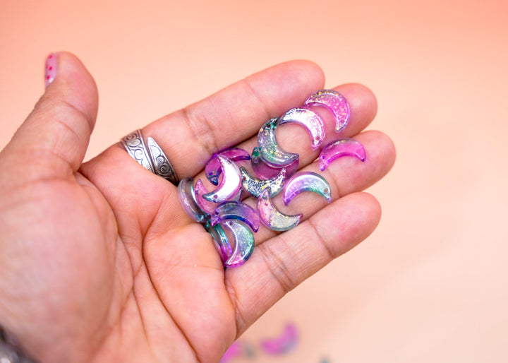 Pink and Green Half Moon Charms with Gold Dust – 16x10mm Glass Moon Pendants | Set of 10 Charms | Celestial Jewelry Supplies
