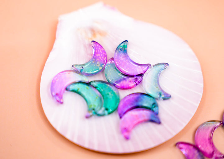Pink and Green Half Moon Charms with Gold Dust – 16x10mm Glass Moon Pendants | Set of 10 Charms | Celestial Jewelry Supplies