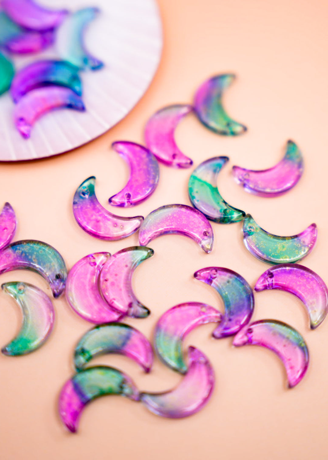 Pink and Green Half Moon Charms with Gold Dust – 16x10mm Glass Moon Pendants | Set of 10 Charms | Celestial Jewelry Supplies