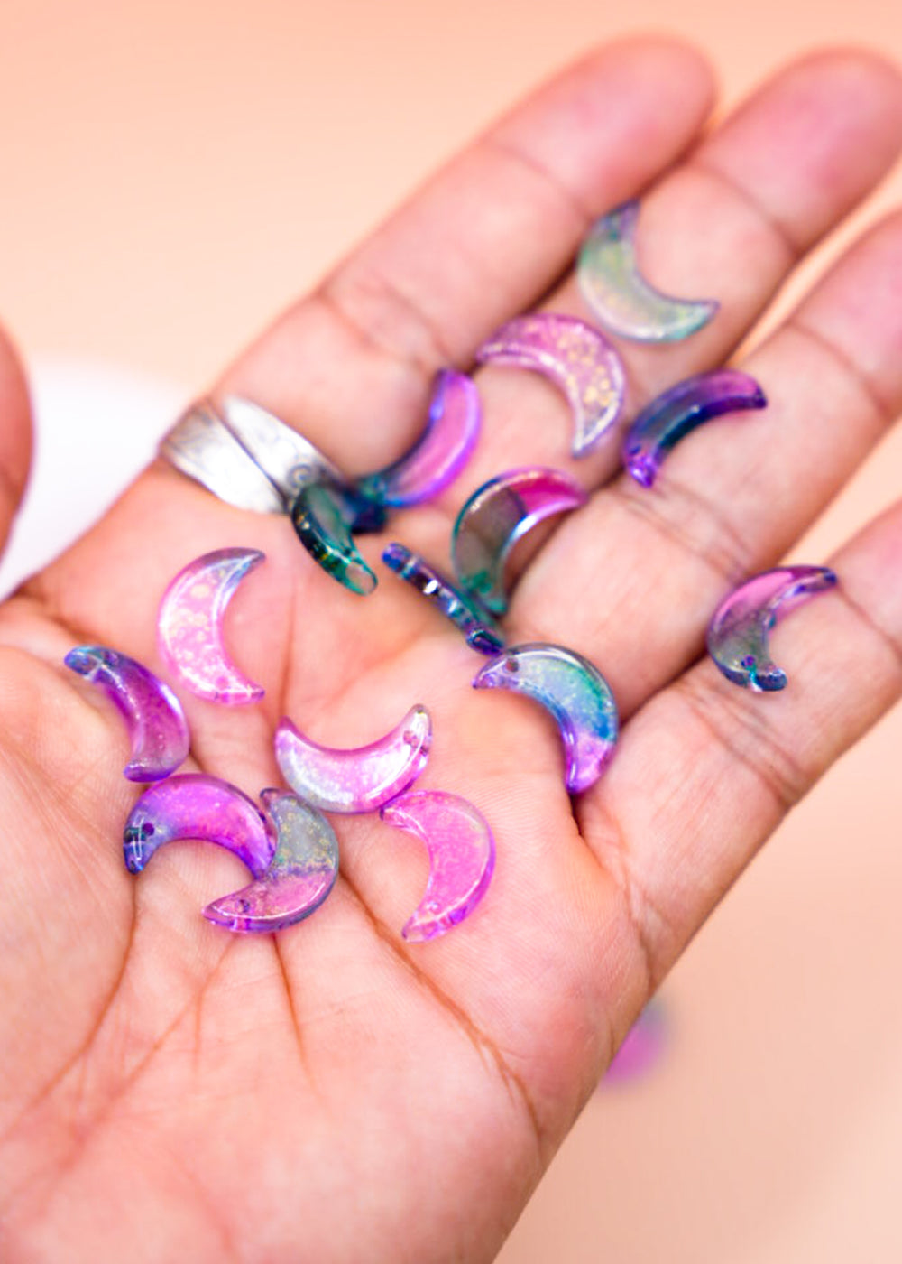 Pink and Green Half Moon Charms with Gold Dust – 16x10mm Glass Moon Pendants | Set of 10 Charms | Celestial Jewelry Supplies