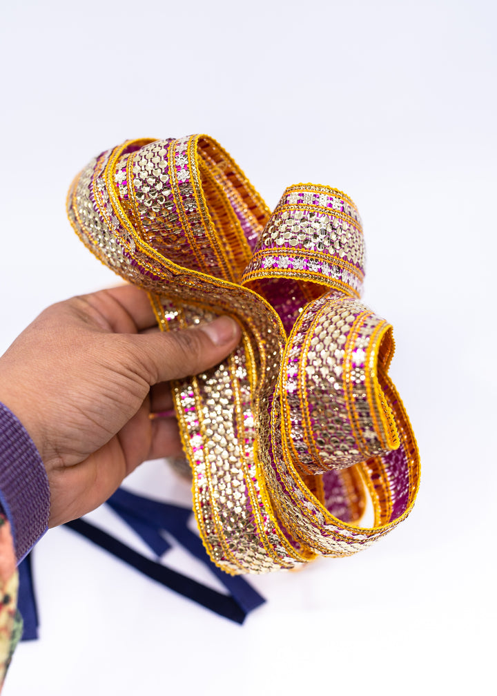 Gold sequin Indian trim with pink and yellow embroidered sari border detail. Decorative boho ribbon trim perfect for sewing, costumes, festival fashion, textile art, belly dance wear, handbags, pillows, and mixed media projects.