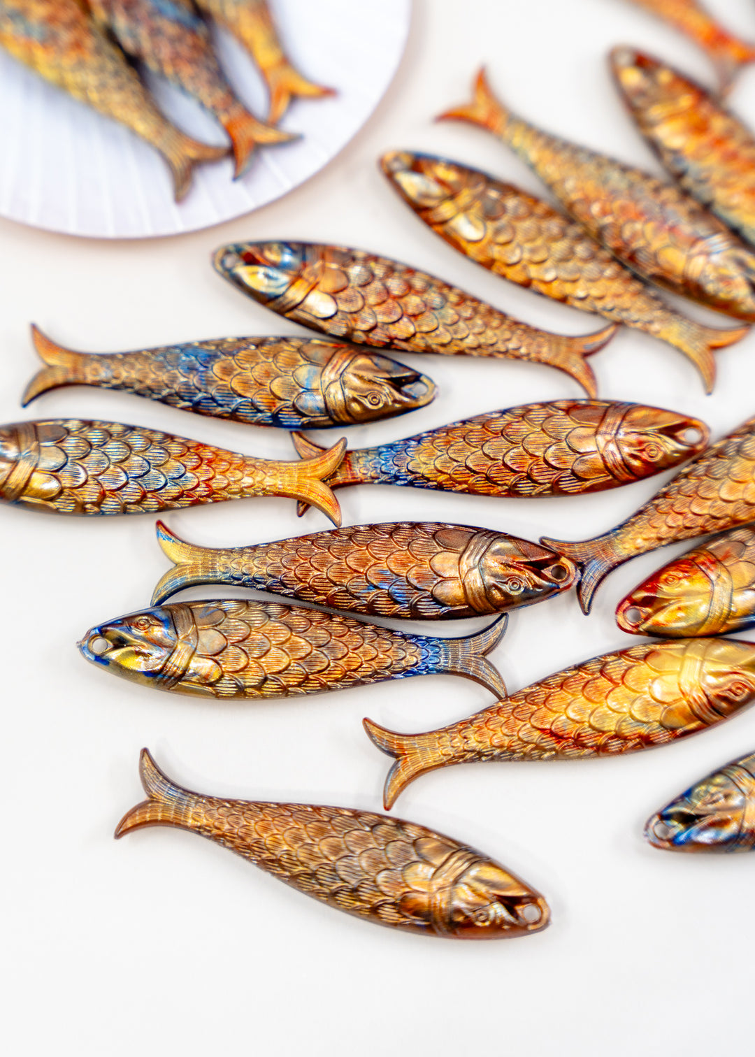 Golden Hour, Bronze German Resin Fish Charm featuring a realistic 48mm sardine pendant. Perfect for ocean charms, beach jewelry, fisherman aesthetic accessories, coastal jewelry, nautical designs, handmade earrings, necklaces, keychains, and artisan jewelry making.