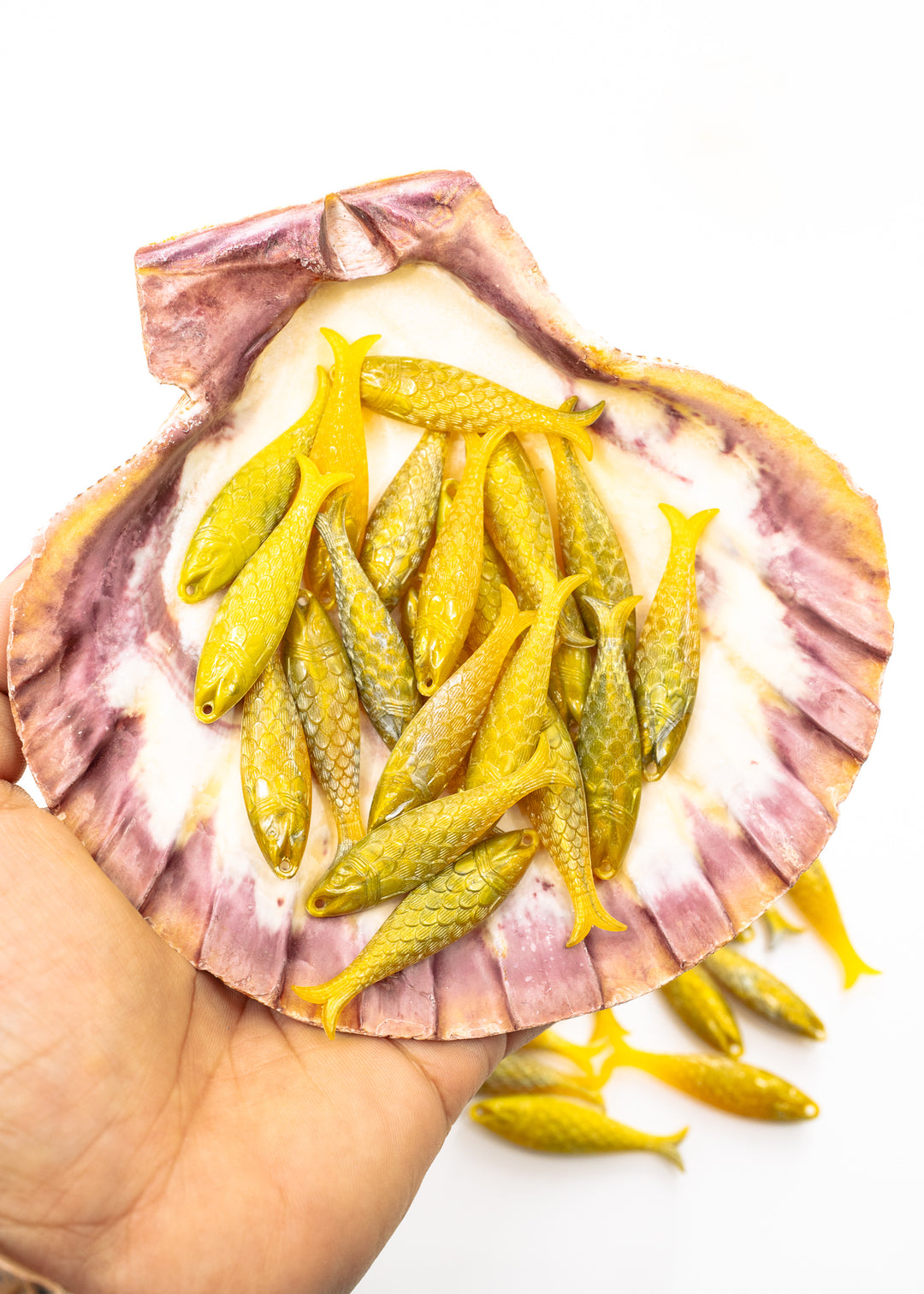 German resin fish charm in Marble Golden Olive featuring a 48mm sardine pendant perfect for ocean charms, beach jewelry, fisherman aesthetic accessories, coastal earrings, nautical jewelry, keychains, and seaside-inspired designs.