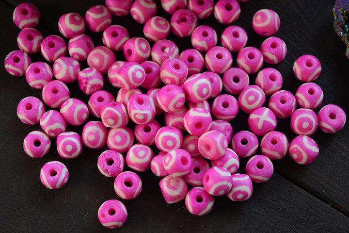Hot Pink Eyes on You: 7x8mm Round Bone Beads, 15 beads / Beads for Malas, Macrame, Yoga Jewelry, Bohemian and Tribal, Jewelry Supply