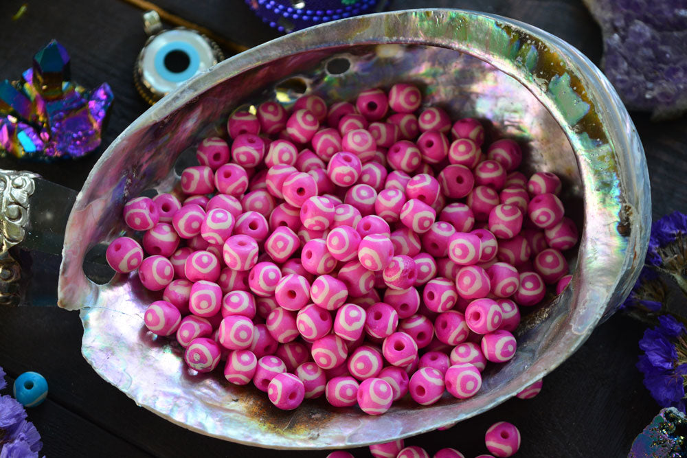 Hot Pink Eyes on You: 7x8mm Round Bone Beads, 15 beads / Beads for Malas, Macrame, Yoga Jewelry, Bohemian and Tribal, Jewelry Supply