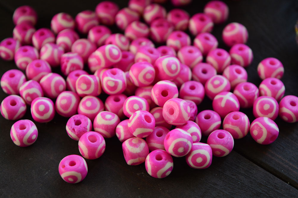 Hot Pink Eyes on You: 7x8mm Round Bone Beads, 15 beads / Beads for Malas, Macrame, Yoga Jewelry, Bohemian and Tribal, Jewelry Supply