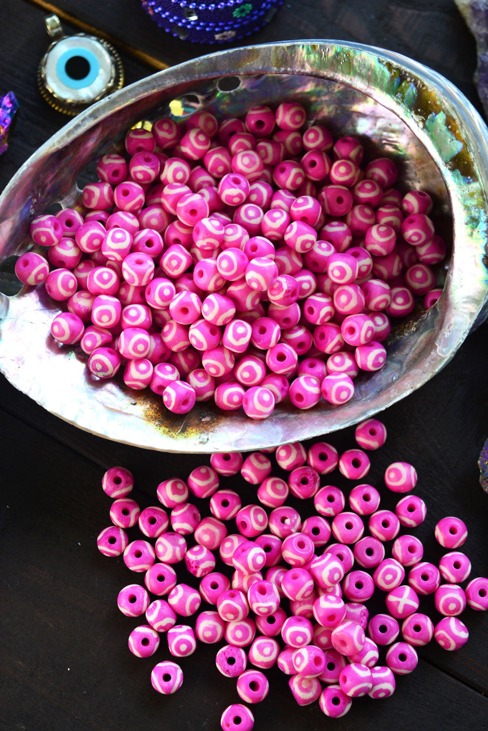 Hot Pink Eyes on You: 7x8mm Round Bone Beads, 15 beads / Beads for Malas, Macrame, Yoga Jewelry, Bohemian and Tribal, Jewelry Supply