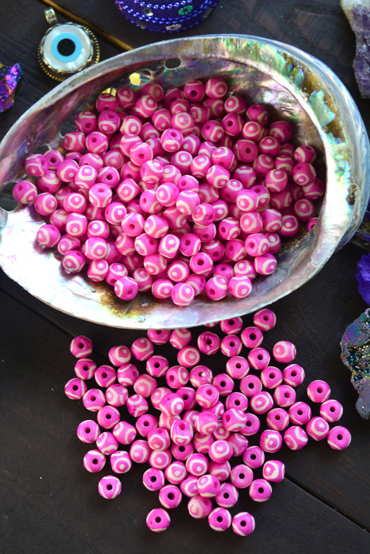 Hot Pink Eyes on You: 7x8mm Round Bone Beads, 15 beads / Beads for Malas, Macrame, Yoga Jewelry, Bohemian and Tribal, Jewelry Supply