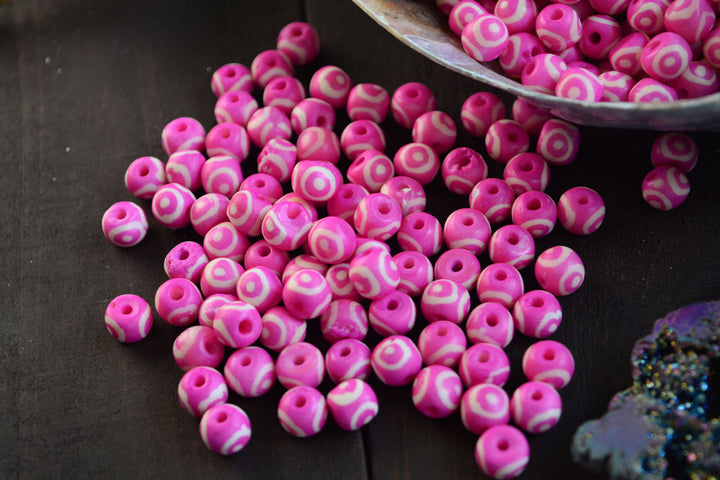 Hot Pink Eyes on You: 7x8mm Round Bone Beads, 15 beads / Beads for Malas, Macrame, Yoga Jewelry, Bohemian and Tribal, Jewelry Supply