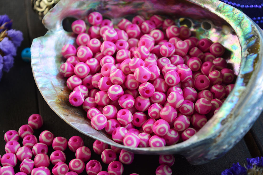 Hot Pink Eyes on You: 7x8mm Round Bone Beads, 15 beads / Beads for Malas, Macrame, Yoga Jewelry, Bohemian and Tribal, Jewelry Supply
