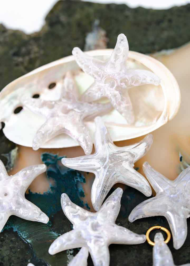 Clear glass starfish pendants with a subtle iridescent sheen, made from German resin displayed on a white abalone shell and dark textured rocks.