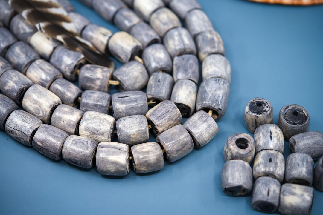 Gray: Large African Bone Beads, handmade in Kenya, 22-25mm Barrel Shape, Tribal Beads, DIY Jewelry Making