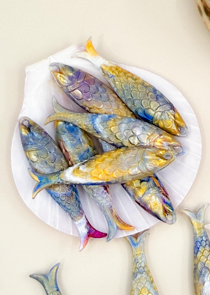 Marble Purple and Blue fish charms handmade from German resin featuring iridescent sardine pendants in coral and magenta tones. Perfect for ocean jewelry, mermaidcore accessories, coastal earrings, beach fashion, whimsical summer jewelry, and playful statement designs.