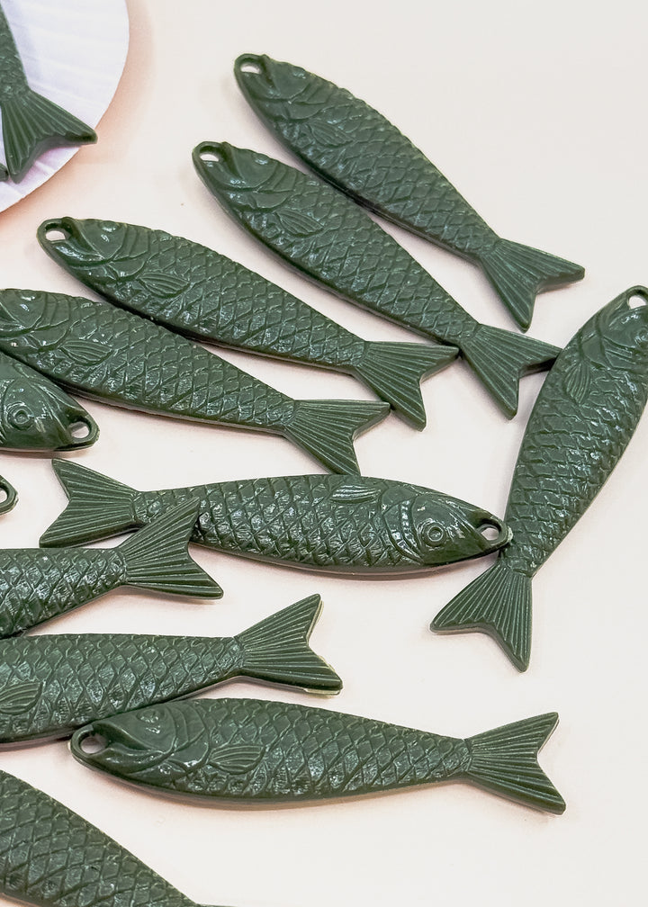 Moss Green German Resin Fish Charm, 48mm Sardine Pendant, 1 Charm