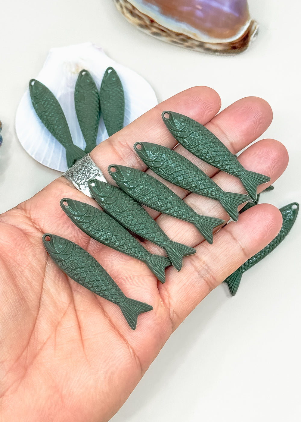Moss Green German Resin Fish Charm, 48mm Sardine Pendant, 1 Charm for Jewelry making