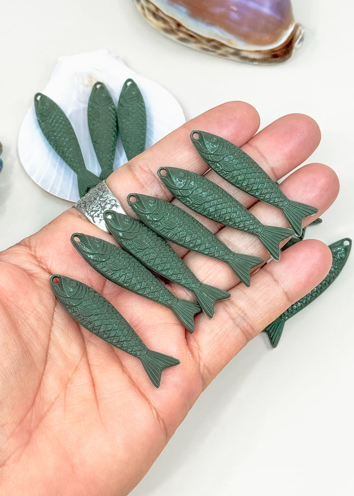 Moss Green German Resin Fish Charm, 48mm Sardine Pendant, 1 Charm for Jewelry making