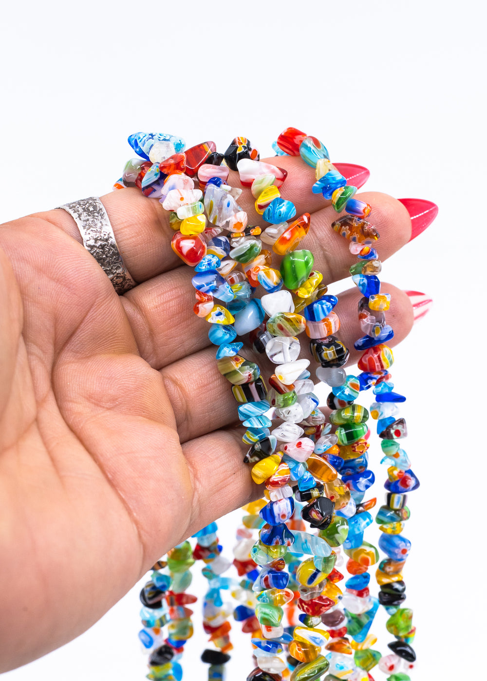 Multicolor millefiori glass chip beads featuring vibrant mosaic-style artisan glass in assorted rainbow colors. Perfect for boho jewelry making, layered necklaces, bracelets, earrings, mixed media art, and eclectic handmade designs.
