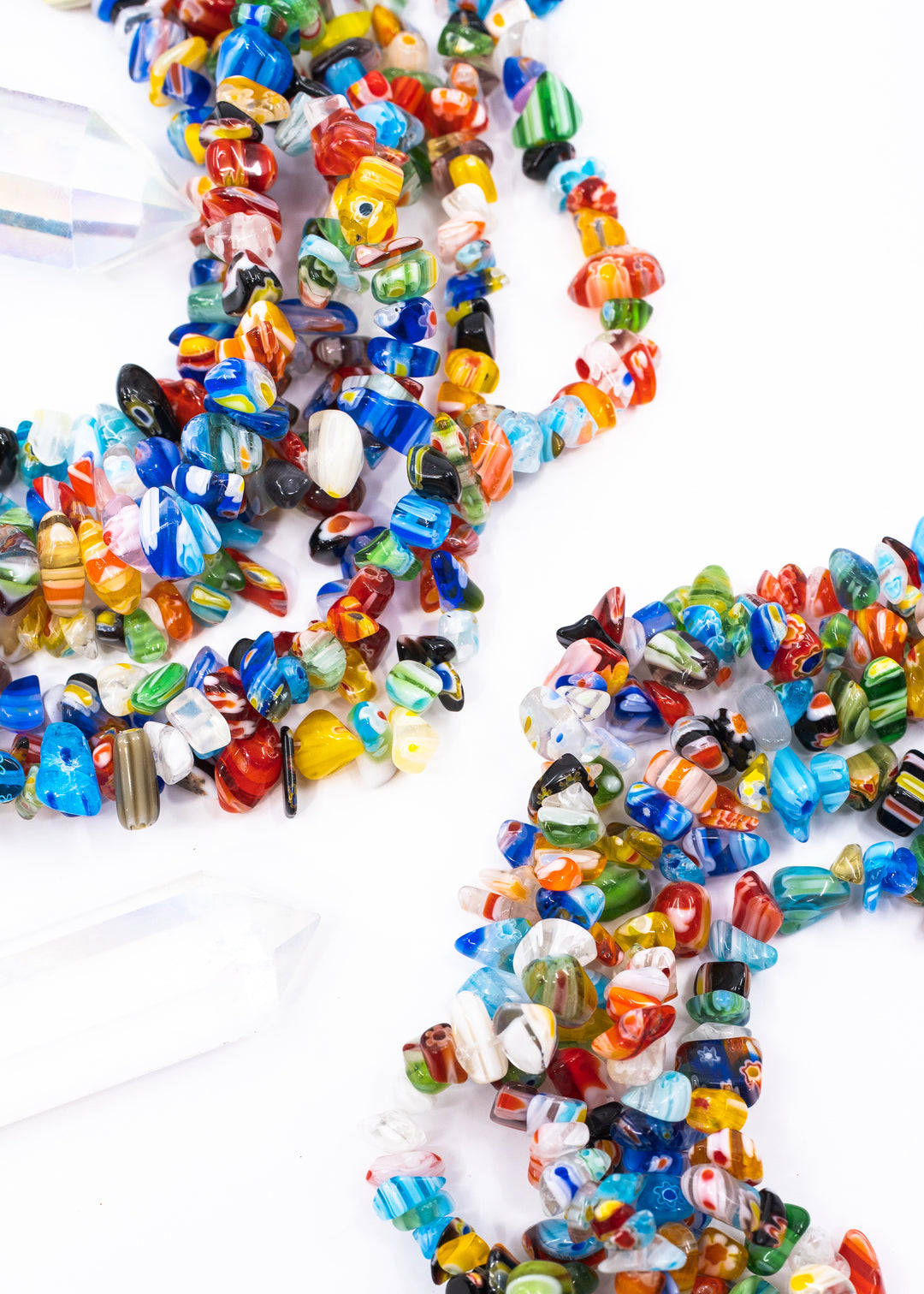 Multicolor millefiori glass chip beads featuring vibrant mosaic-style artisan glass in assorted rainbow colors. Perfect for boho jewelry making, layered necklaces, bracelets, earrings, mixed media art, and eclectic handmade designs.