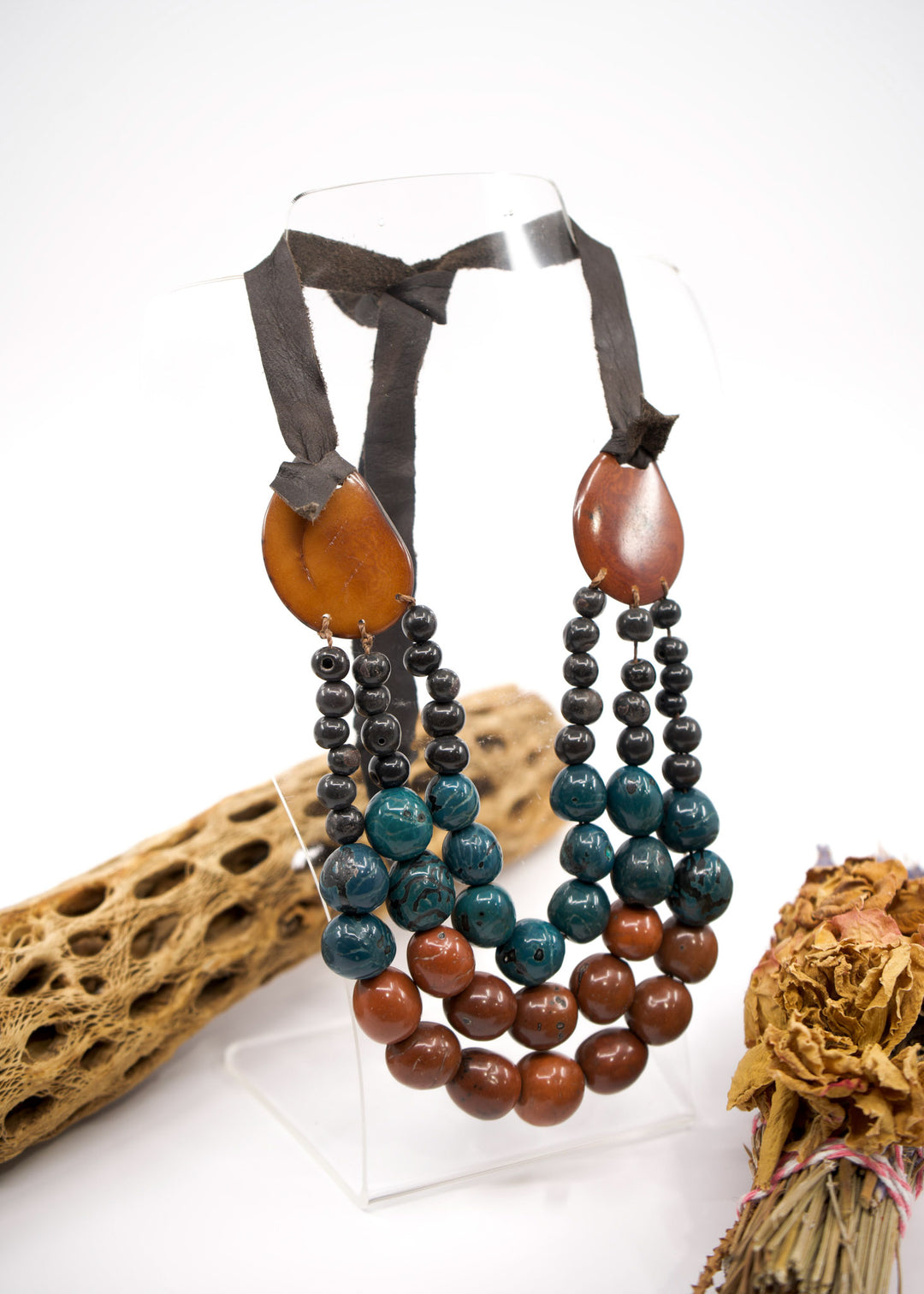 Katie in Brown: Handmade Necklace from Acai beads, Tagua Slices, and Bombona Seeds, with Leather Tie / Boho Jewelry, Gifts