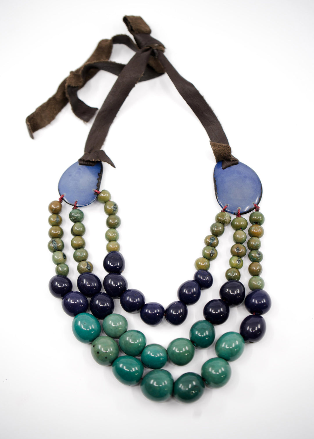 Katie in Blue: Handmade Necklace from Acai beads, Tagua Slices, and Bombona Seeds, with Leather Tie / Boho Jewelry, Gifts