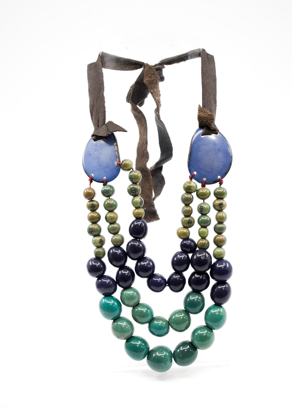 Katie in Blue: Handmade Necklace from Acai beads, Tagua Slices, and Bombona Seeds, with Leather Tie / Boho Jewelry, Gifts