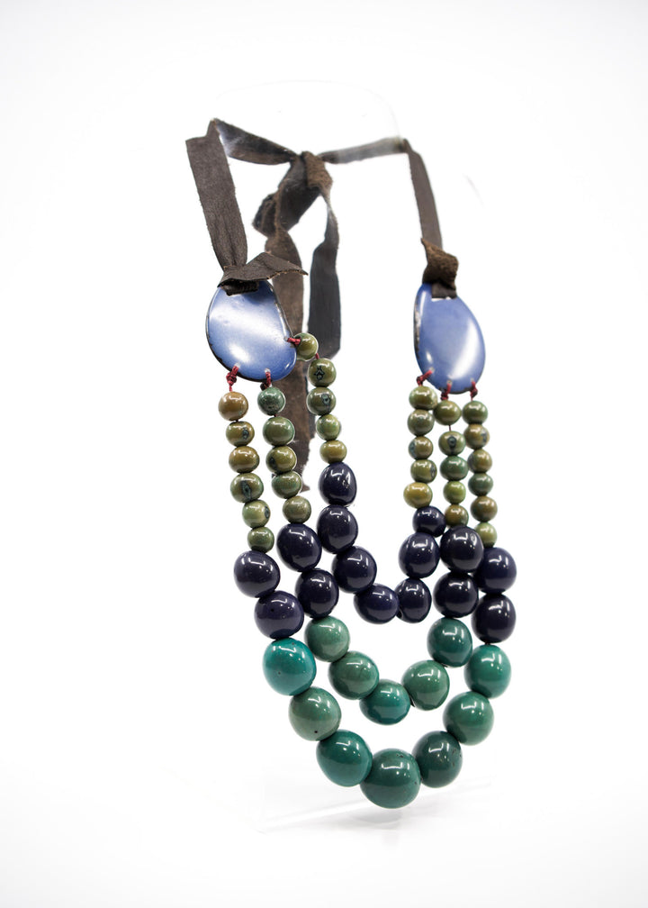 Katie in Blue: Handmade Necklace from Acai beads, Tagua Slices, and Bombona Seeds, with Leather Tie / Boho Jewelry, Gifts
